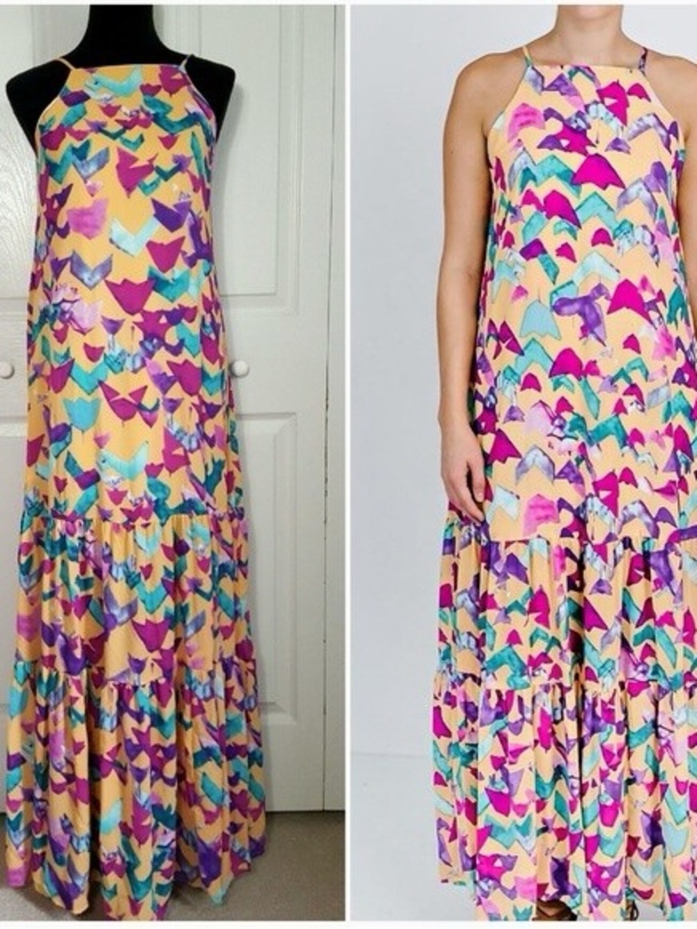Sleeveless Yellow Geometric Maxi Dress with Pink & Aqua Accents